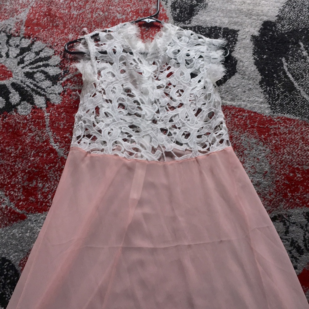 Sheer, long Peach colour. White laced top.
